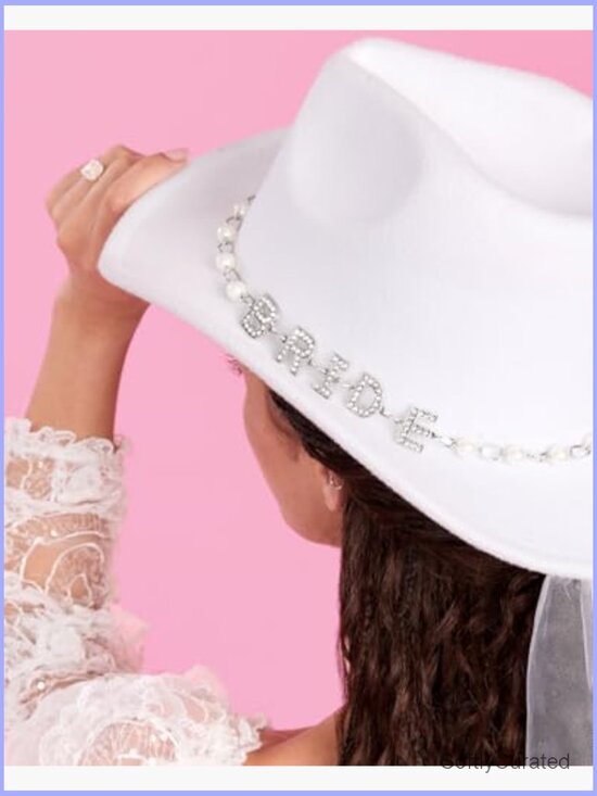 White Felt Cowgirl Hat with Rhinestone Bride & Veil - Bachelorette Party main image 6